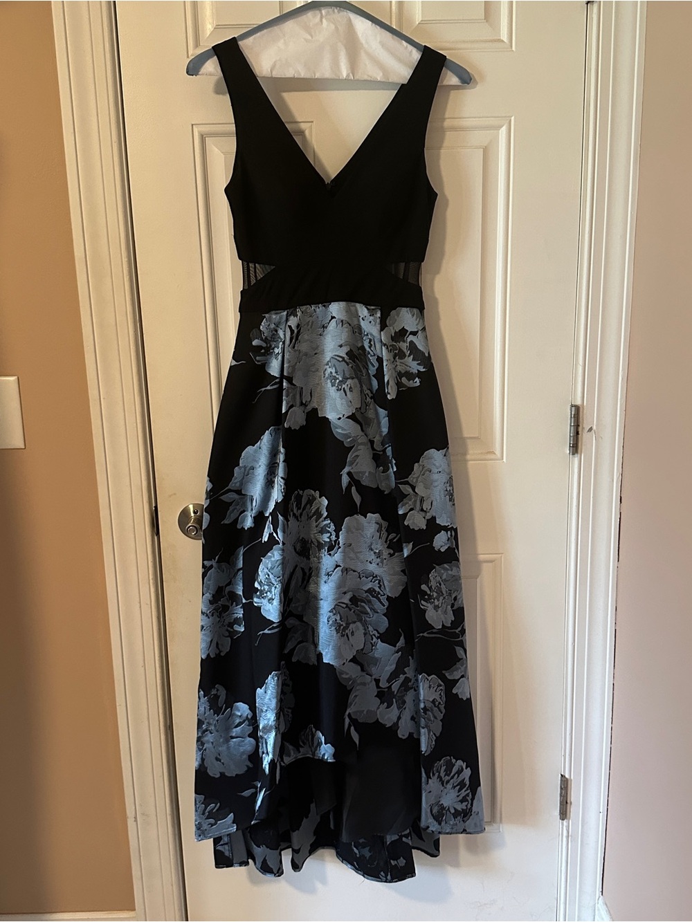 Xscape Black High-Low Dress with Blue Floral Print
